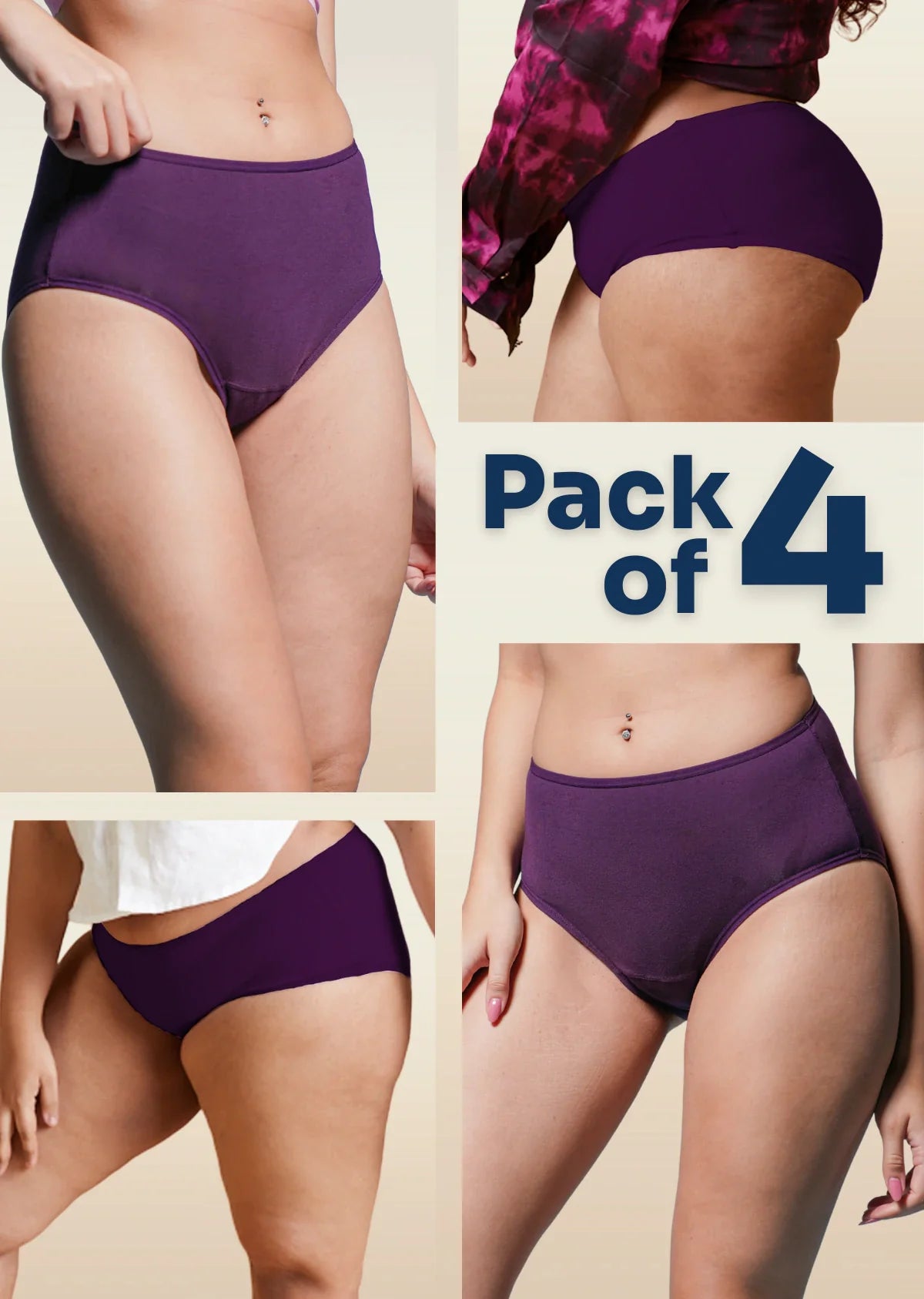 four-panel collage of violet underwear with a Pack of 4 text overlay on a beige background