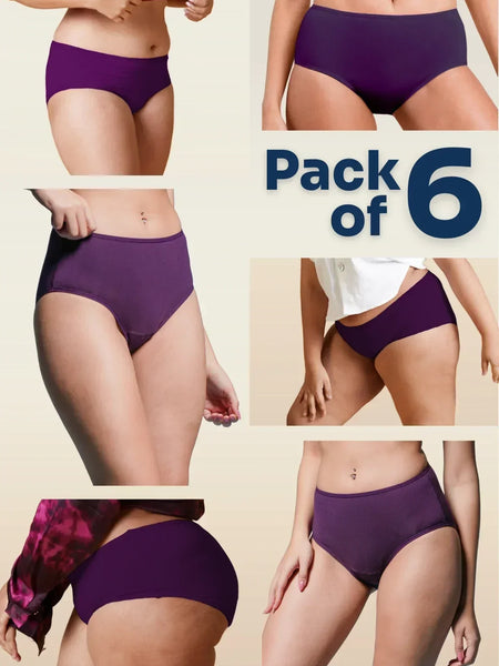 Collage of violet mid-waist underwear with 'Pack of 6' text on a beige background