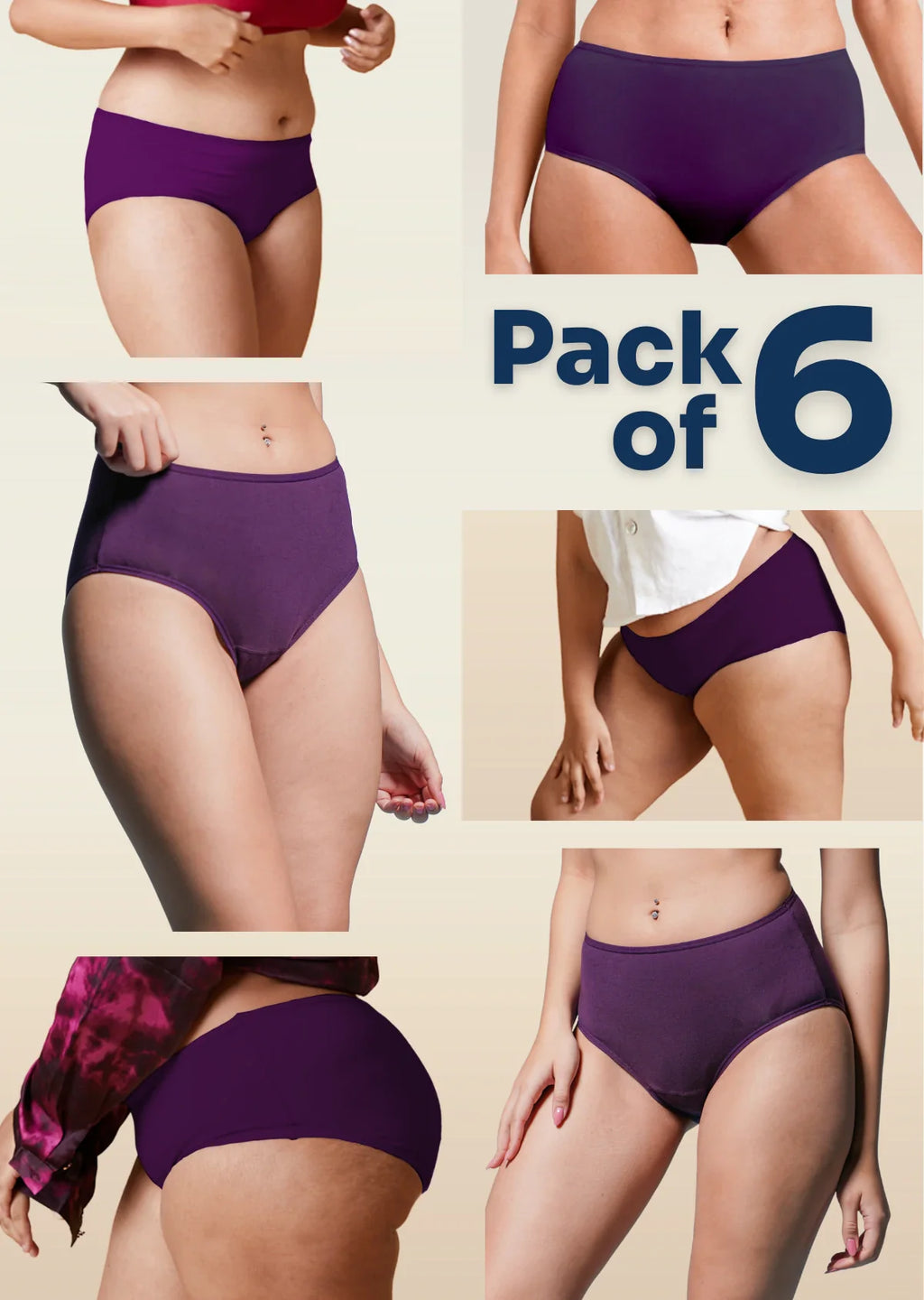 Collage of violet mid-waist underwear with 'Pack of 6' text on a beige background