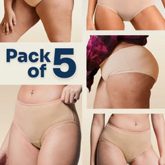 Collage of beige underwear with 'Pack of 5' text on a neutral background