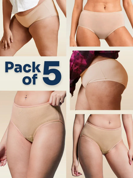 Collage of beige underwear with 'Pack of 5' text on a neutral background