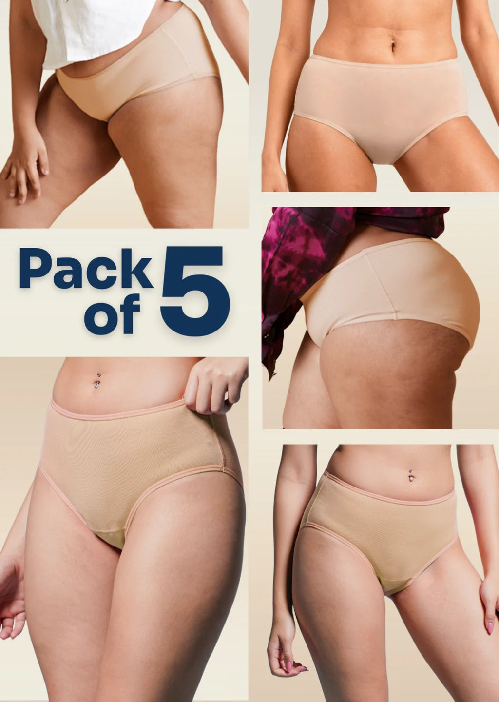 Collage of beige underwear with 'Pack of 5' text on a neutral background