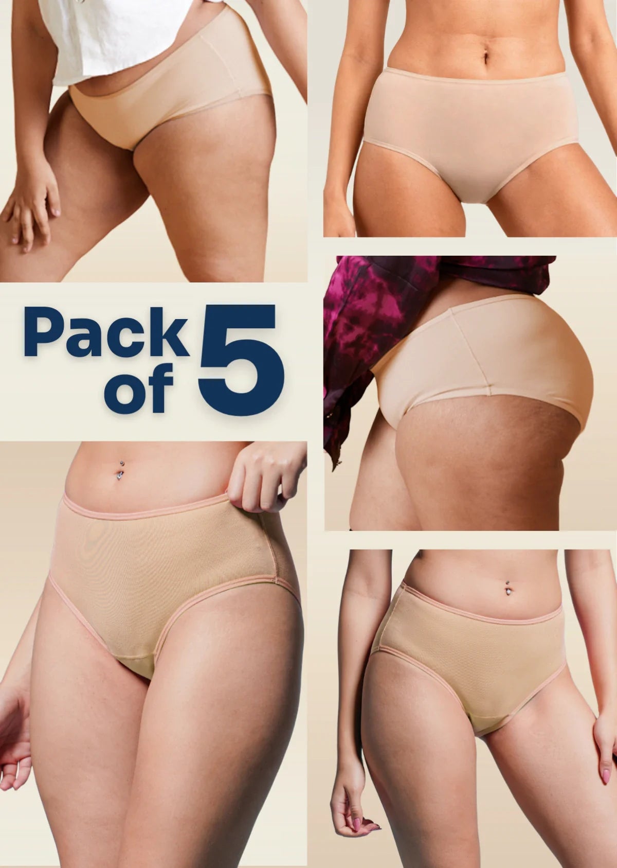 Collage of beige underwear with 'Pack of 5' text on a neutral background