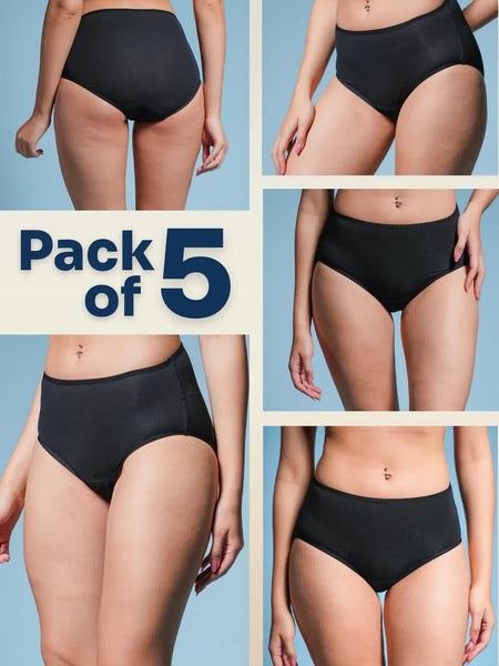 Pack of 5 black mid-waist underwear with a model wearing them on a light blue background.
