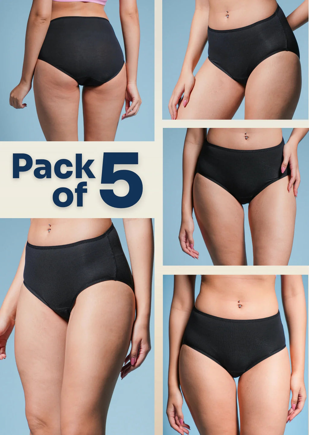 Pack of 5 black mid-waist underwear with a model wearing them on a light blue background.
