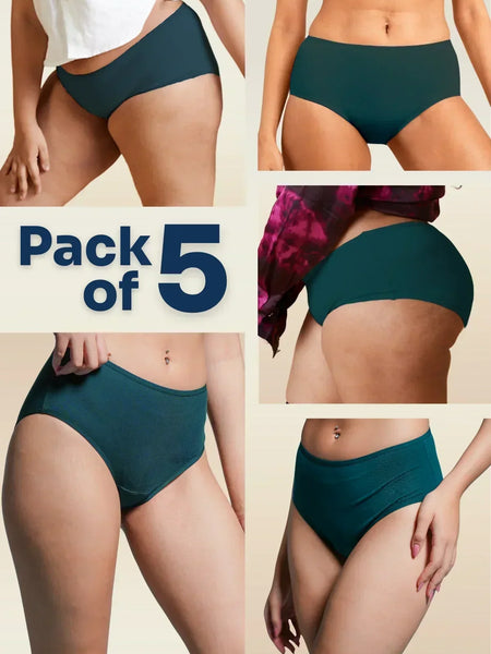 Five-panel collage of various body types wearing teal mid-waist briefs with a 