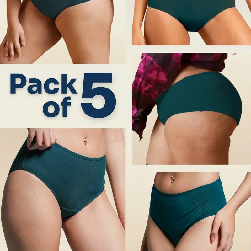 Five-panel collage of various body types wearing teal mid-waist briefs with a 