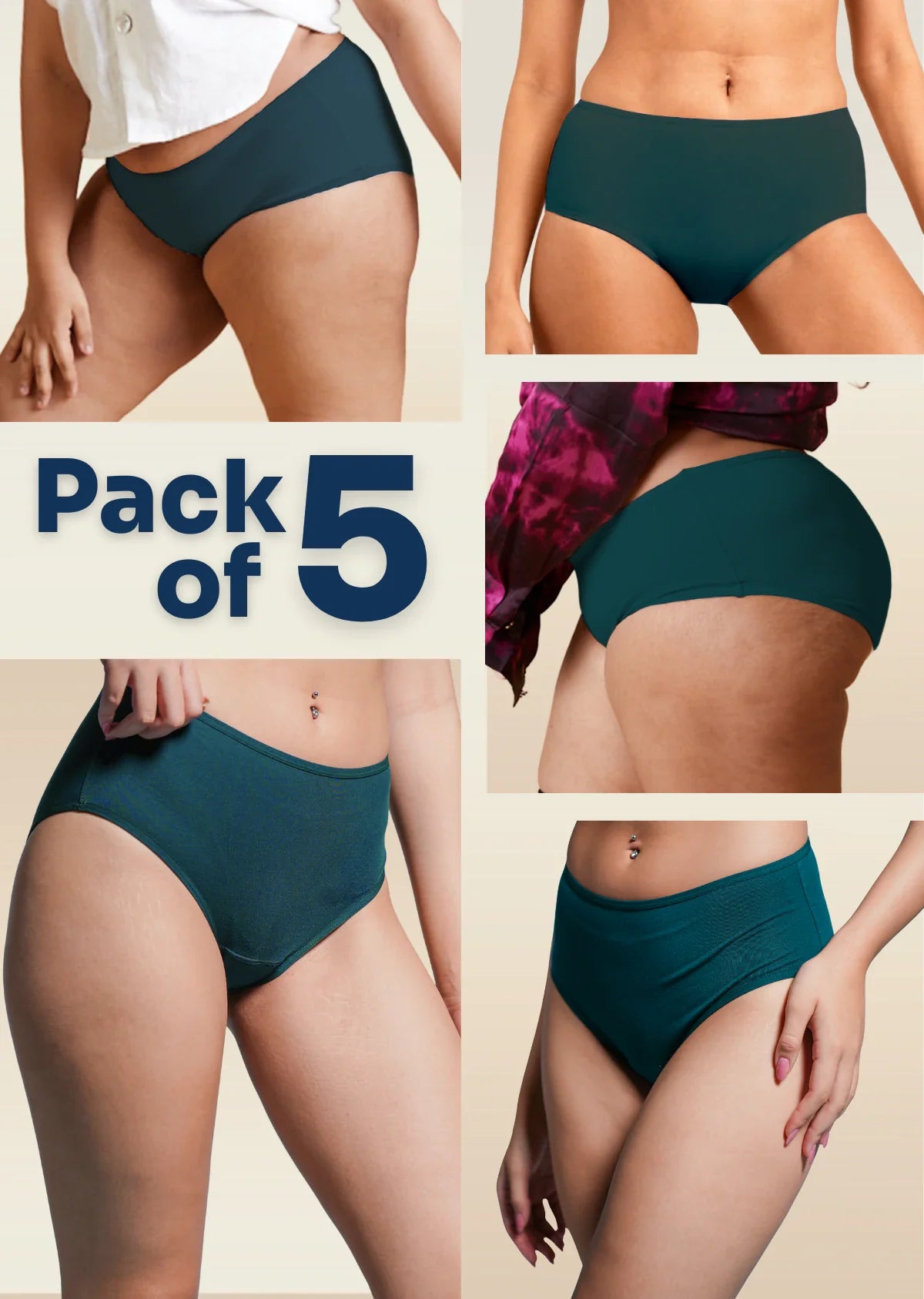 Five-panel collage of various body types wearing teal mid-waist briefs with a "Pack of 5" text overlay.