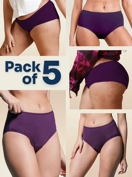 Collage of violet mid-waist underwear with 'Pack of 5' text on a beige background