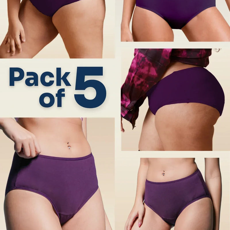 Collage of violet mid-waist underwear with 'Pack of 5' text on a beige background