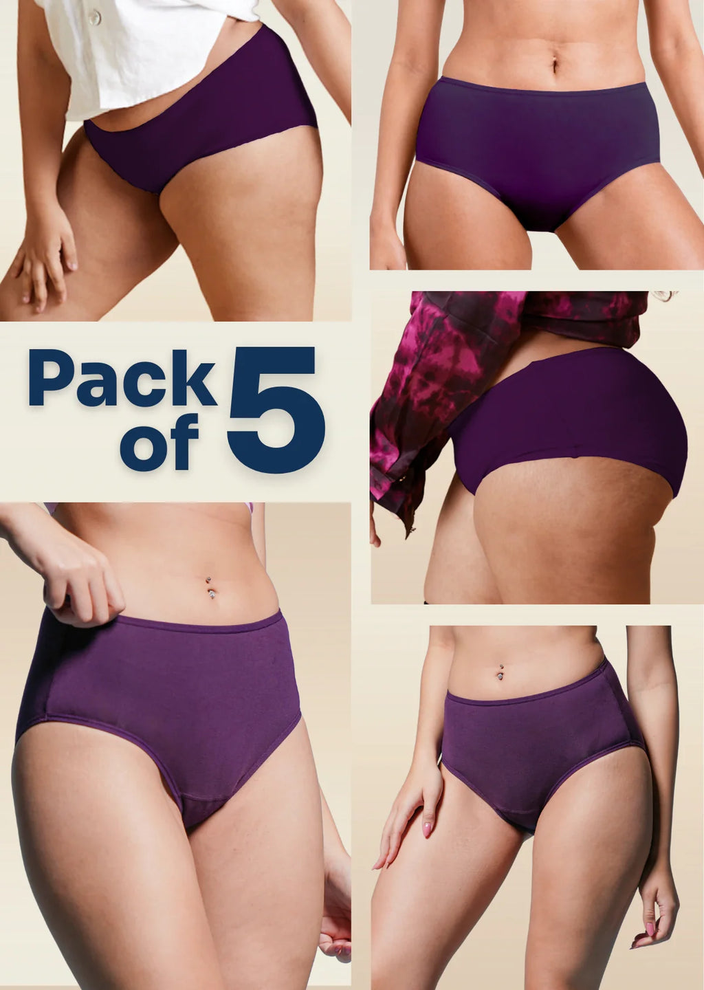 Collage of violet mid-waist underwear with 'Pack of 5' text on a beige background