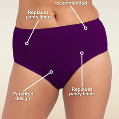 violet women's underwear with labeled features on a beige background