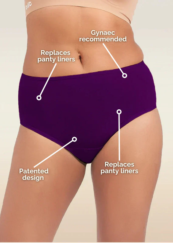violet women's underwear with labeled features on a beige background