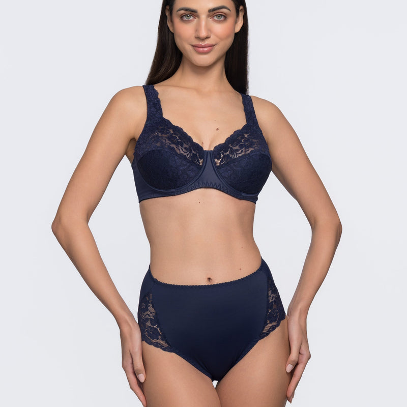 Brigitte blue full lace bra side profile – most comfortable womens bra for fuller busts