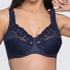Brigitte blue comfort bra back view – no-dig underwired full coverage bra for women by YOBO