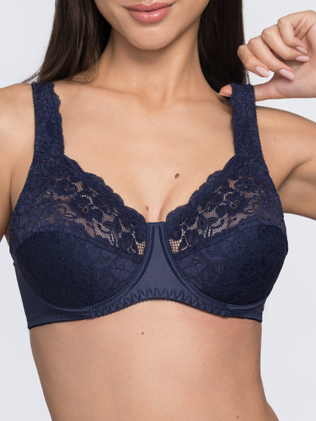 Brigitte blue comfort bra back view – no-dig underwired full coverage bra for women by YOBO