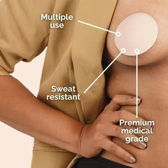 Person wearing a beige shirt with a sweat-resistant silicone patch labeled 'Multiple use', 'Sweat resistant', and 'Premium medical grade'.