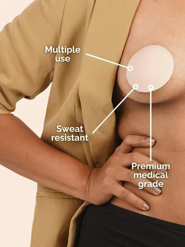 Person wearing a beige shirt with a sweat-resistant silicone patch labeled 'Multiple use', 'Sweat resistant', and 'Premium medical grade'.
