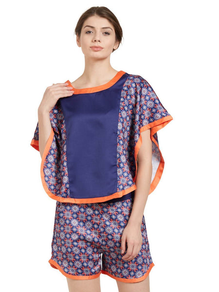 SOIE Woman - Navy Blue Poncho Paneled Top & Shorts Set - -for Women