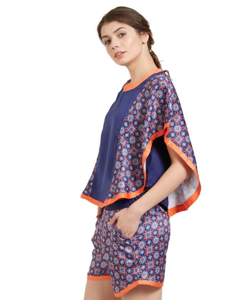 SOIE Woman - Navy Blue Poncho Paneled Top & Shorts Set - -for Women