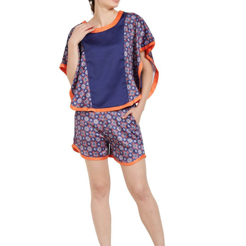 SOIE Woman - Navy Blue Poncho Paneled Top & Shorts Set - -for Women