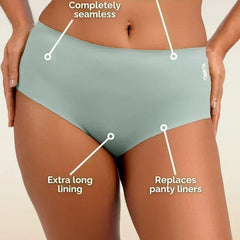 blue underwear with text labels on a beige background