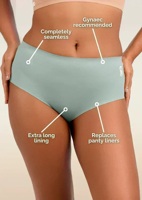 blue underwear with text labels on a beige background