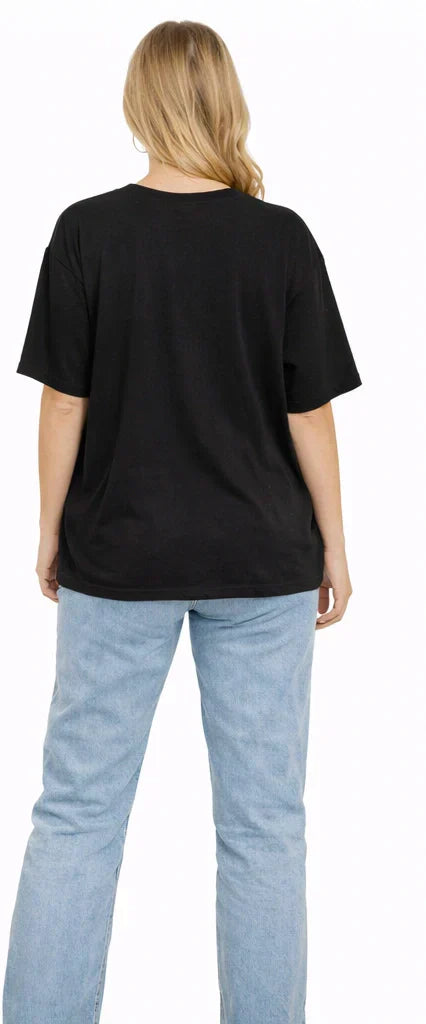 Bamboo Fabric Women Oversize Printed T-Shirt – Ultra Soft | Breathable | Sustainable Style | Black