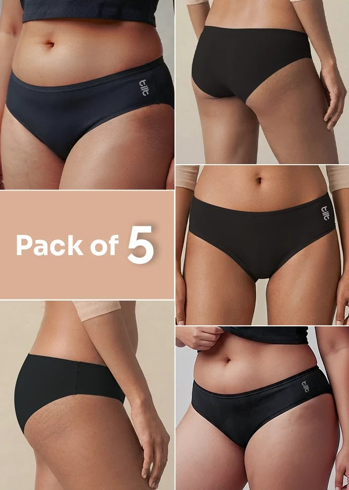 5 Pack - Black Low-waist Bamboo Absorbent Underwear