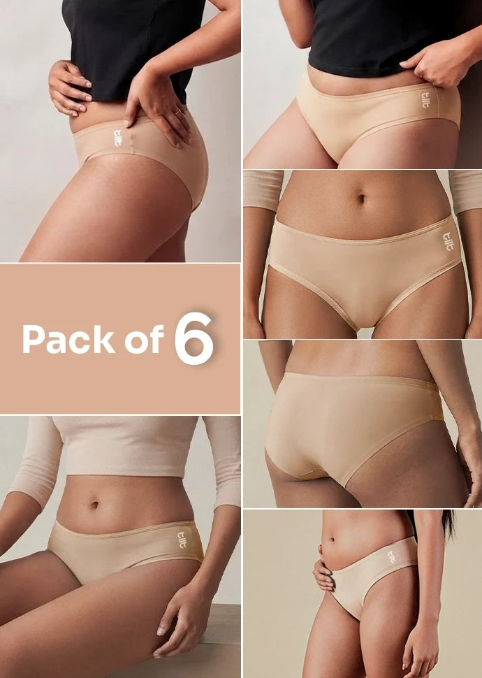 6 Pack - Beige Low-waist Bamboo Absorbent Underwear