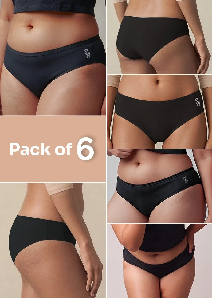 6 Pack - Black Low-waist Bamboo Absorbent Underwear