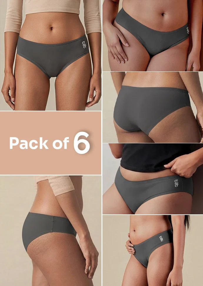6 Pack - Grey Low-waist Bamboo Absorbent Underwear