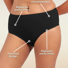 Black underwear with text highlighting features on a beige background