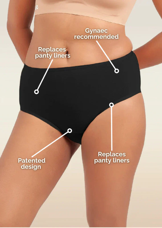 Black underwear with text highlighting features on a beige background