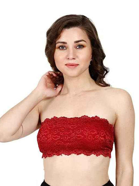 Women Lace Full Coverage Padded Non-Wired Tube Bandeau Bra