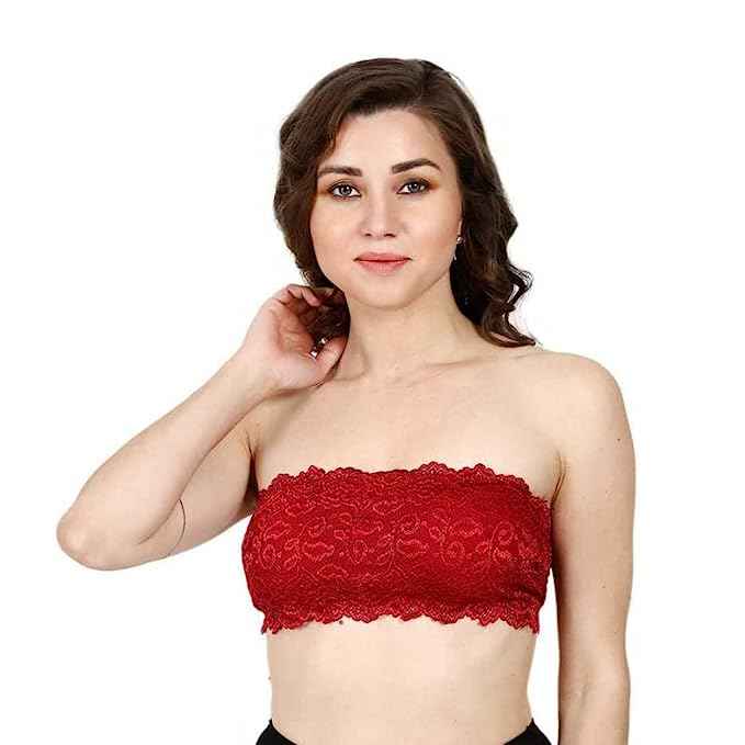 Women Lace Full Coverage Padded Non-Wired Tube Bandeau Bra