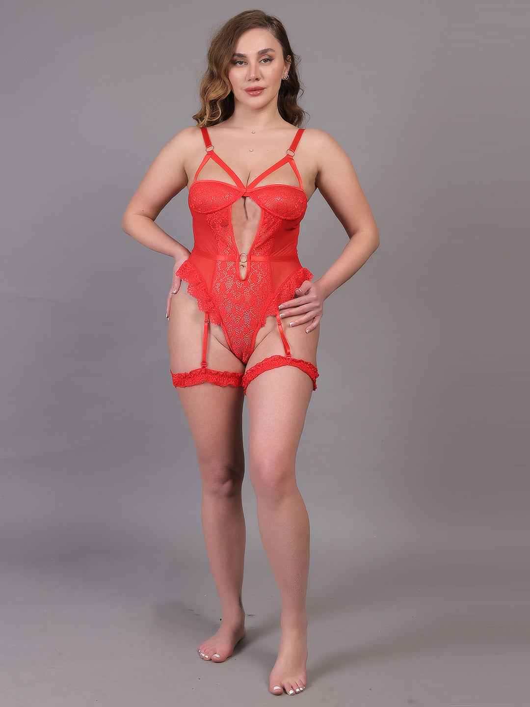 Brachy Women Red Plus Size Bodysuit Lace Baby Doll