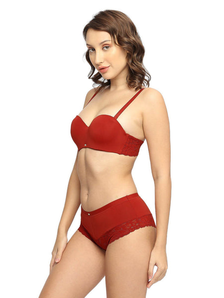 SOIE Woman - Medium Coverage Padded Wired Lacy Bra with Mid Rise Medium Coverage Lace Shorty Cheeky Panty - -for Women