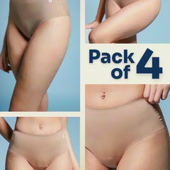 four-panel collage of beige underwear with a Pack of 4 text overlay on a blue  background