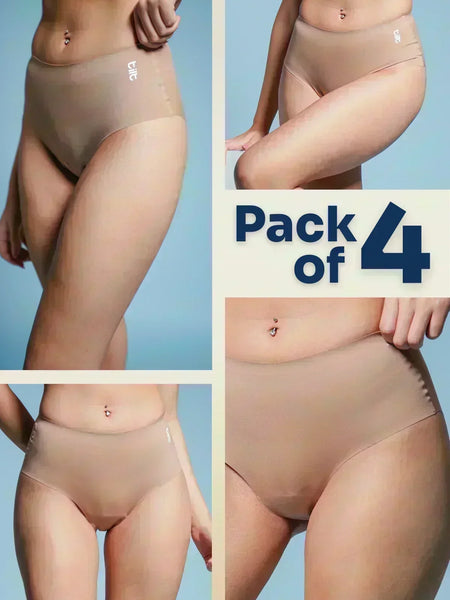 four-panel collage of beige underwear with a Pack of 4 text overlay on a blue  background