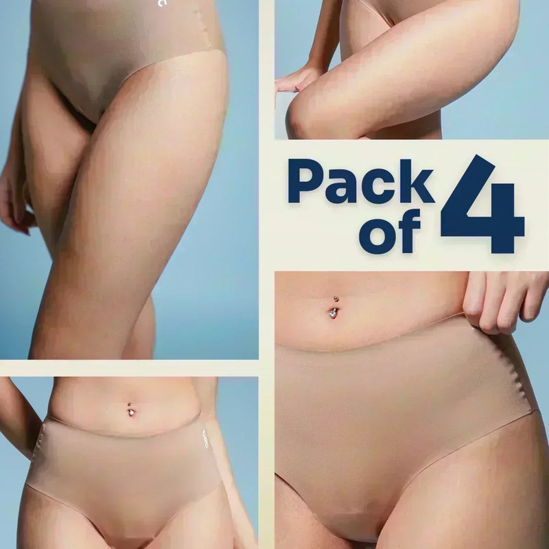 four-panel collage of beige underwear with a Pack of 4 text overlay on a blue  background