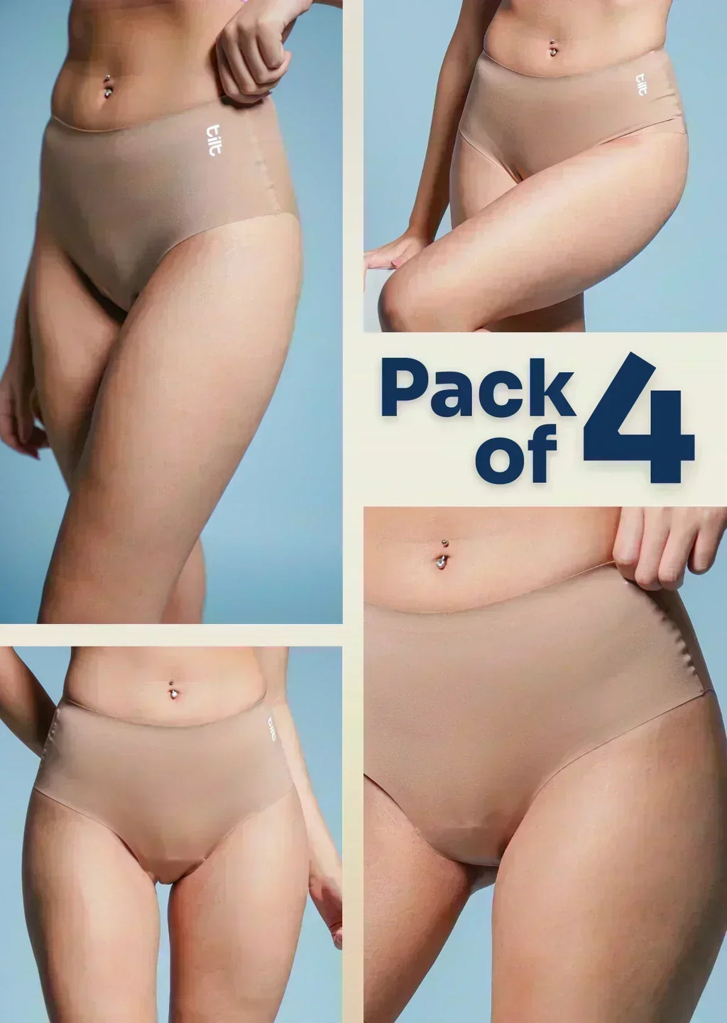 four-panel collage of beige underwear with a Pack of 4 text overlay on a blue  background