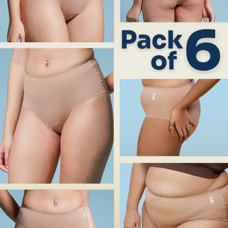 Multi-panel collage of diverse body types wearing beige briefs with a 