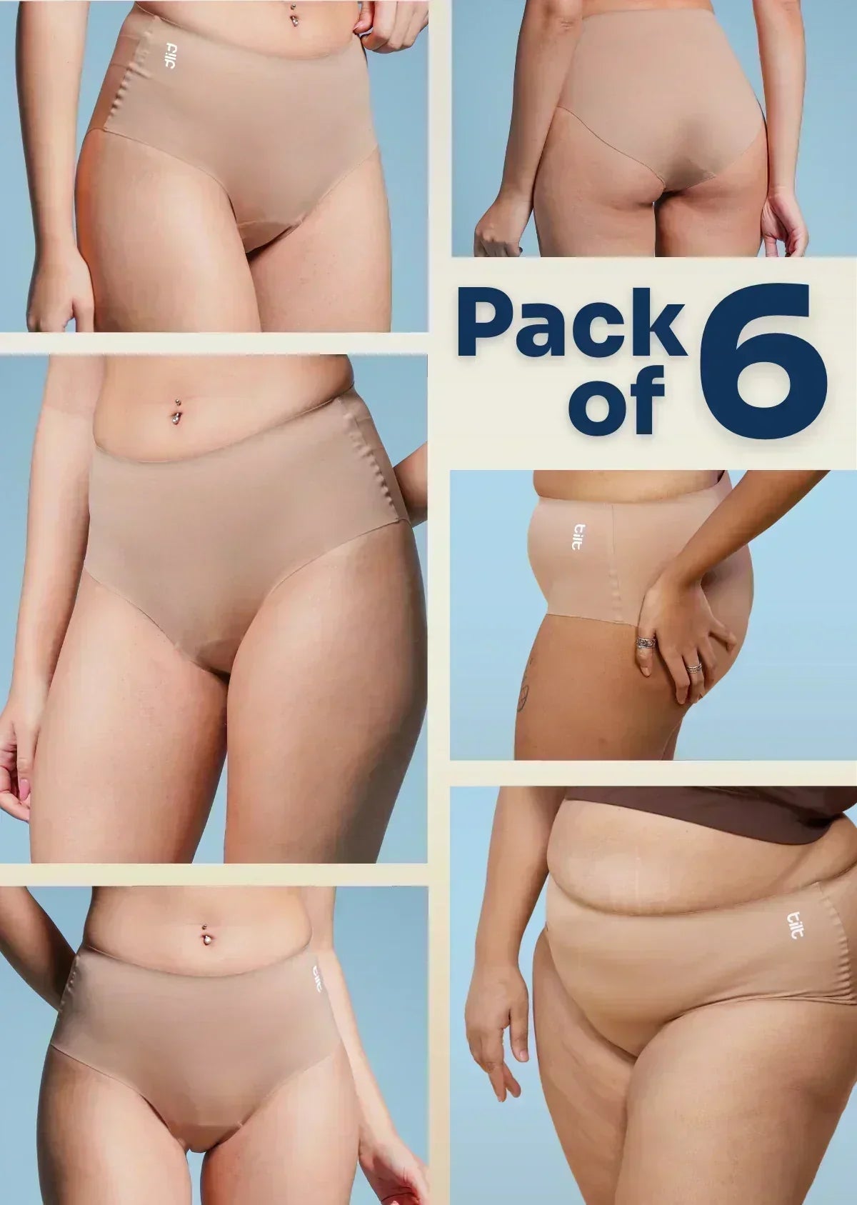 Multi-panel collage of diverse body types wearing beige briefs with a "Pack of 5" text overlay