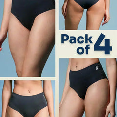 four-panel collage of black underwear with a Pack of 4 text overlay on a blue background