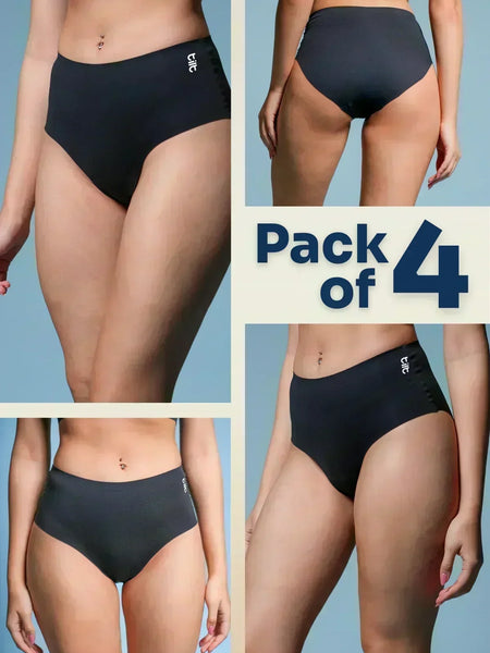 four-panel collage of black underwear with a Pack of 4 text overlay on a blue background