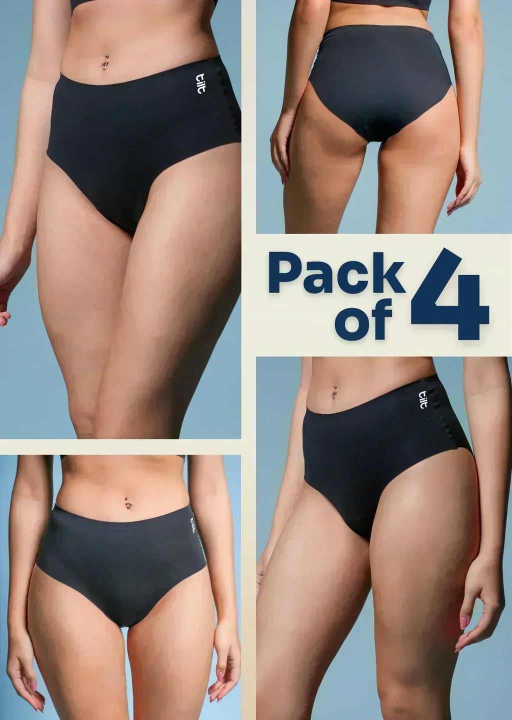 four-panel collage of black underwear with a Pack of 4 text overlay on a blue background