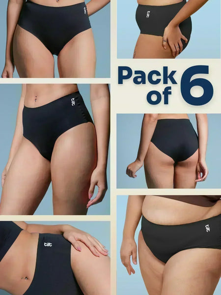 Pack of 6 black underwear with brand logo on a light blue background