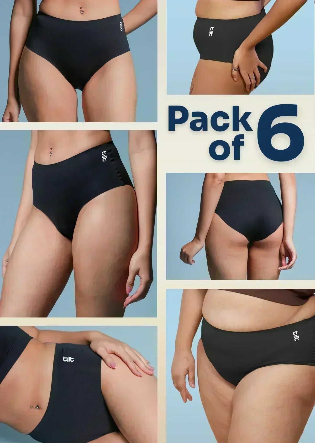 Pack of 6 black underwear with brand logo on a light blue background