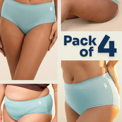 four-panel collage of blue underwear with a Pack of 4 text overlay on a beige background